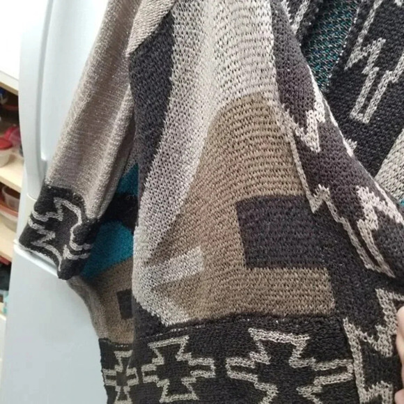 Line The Label Aztec  Woven Knit Cotton Drape Open Front Cardigan L - Picture 8 of 10